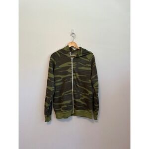 Alternative Apparel Olive Green Camouflage Raglan Fleece Zip Up Hoodie | Large